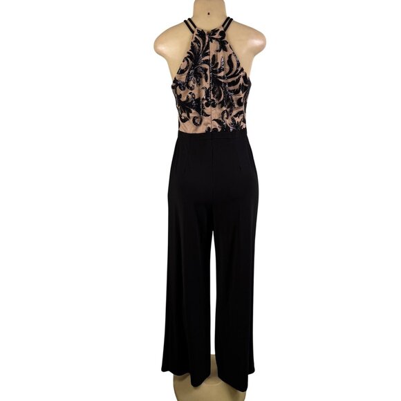 Nightway Womens Black Sequin Embellished Halter Jumpsuit Mesh Overlay Size 8 - Picture 3 of 10